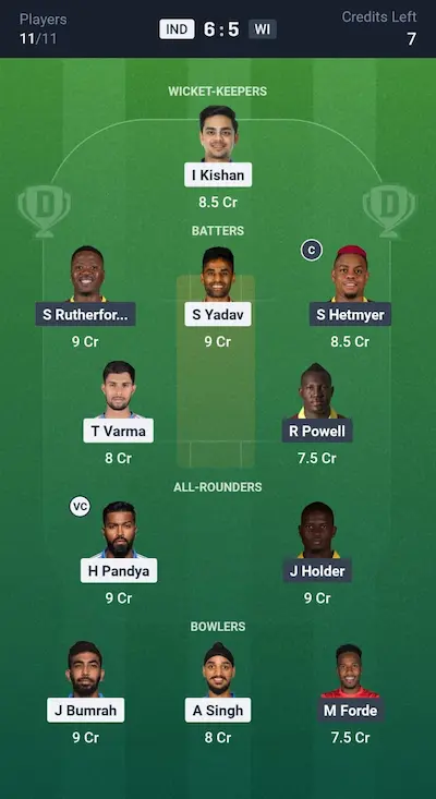 IND vs WI Dream11 Prediction GL Team 5