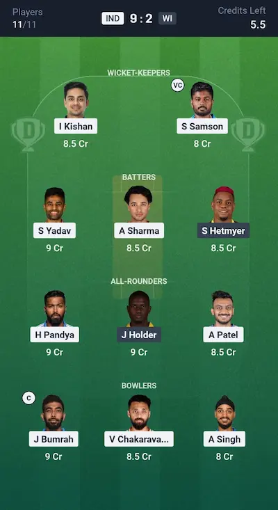 IND vs WI Dream11 Prediction GL Team 6