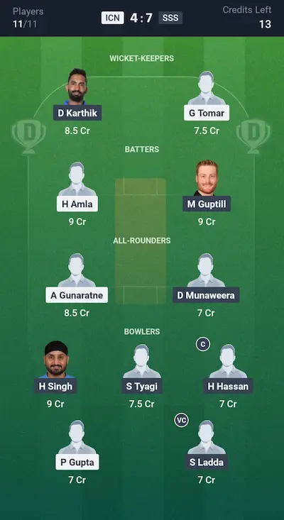 ICN vs SSS Dream11 Prediction Grand League Team 5