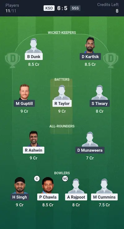 KSO vs SSS Dream11 Prediction Grand League Team 1