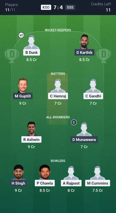 KSO vs SSS Dream11 Prediction Grand League Team 3