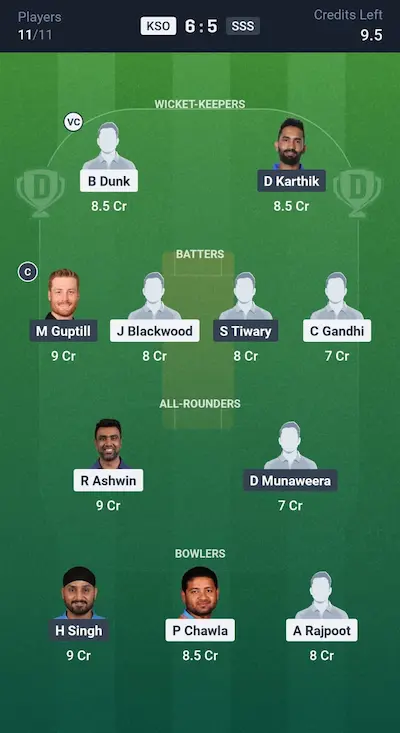 KSO vs SSS Dream11 Prediction Grand League Team 6