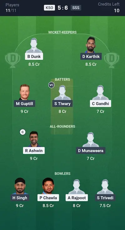 KSO vs SSS Dream11 Prediction Grand League Team 8