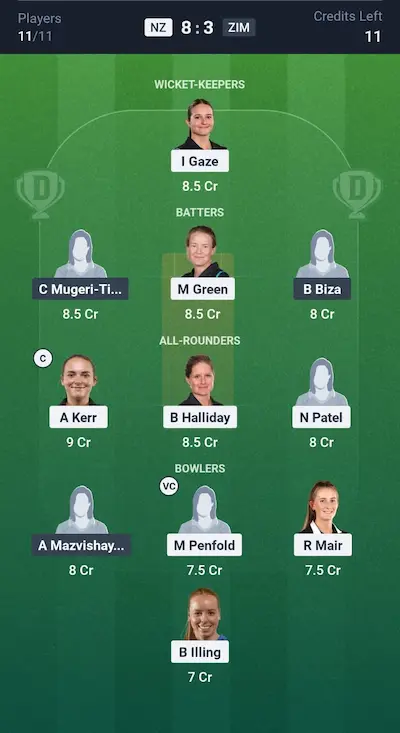 NZ W vs ZIM W Dream11 Prediction Small League Team